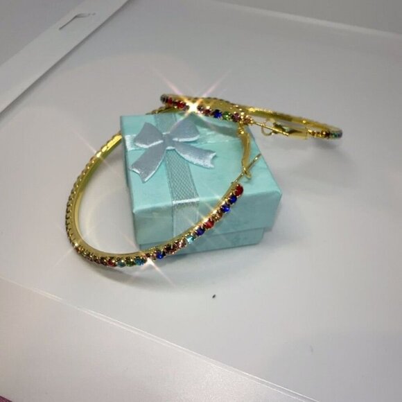 Crystal Hoop Earrings Gold Tone Multicolor Fashion Jewelry - Picture 6 of 7